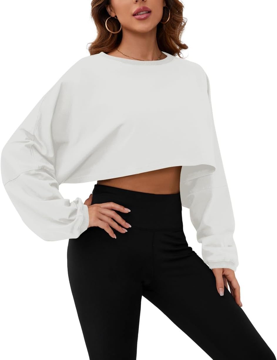 Meladyan Women Long Sleeve Crewneck Crop Top Tee Shirt Sweatshirt Casual Solid Loose Fit Workout Cropped Pullover Tshirt