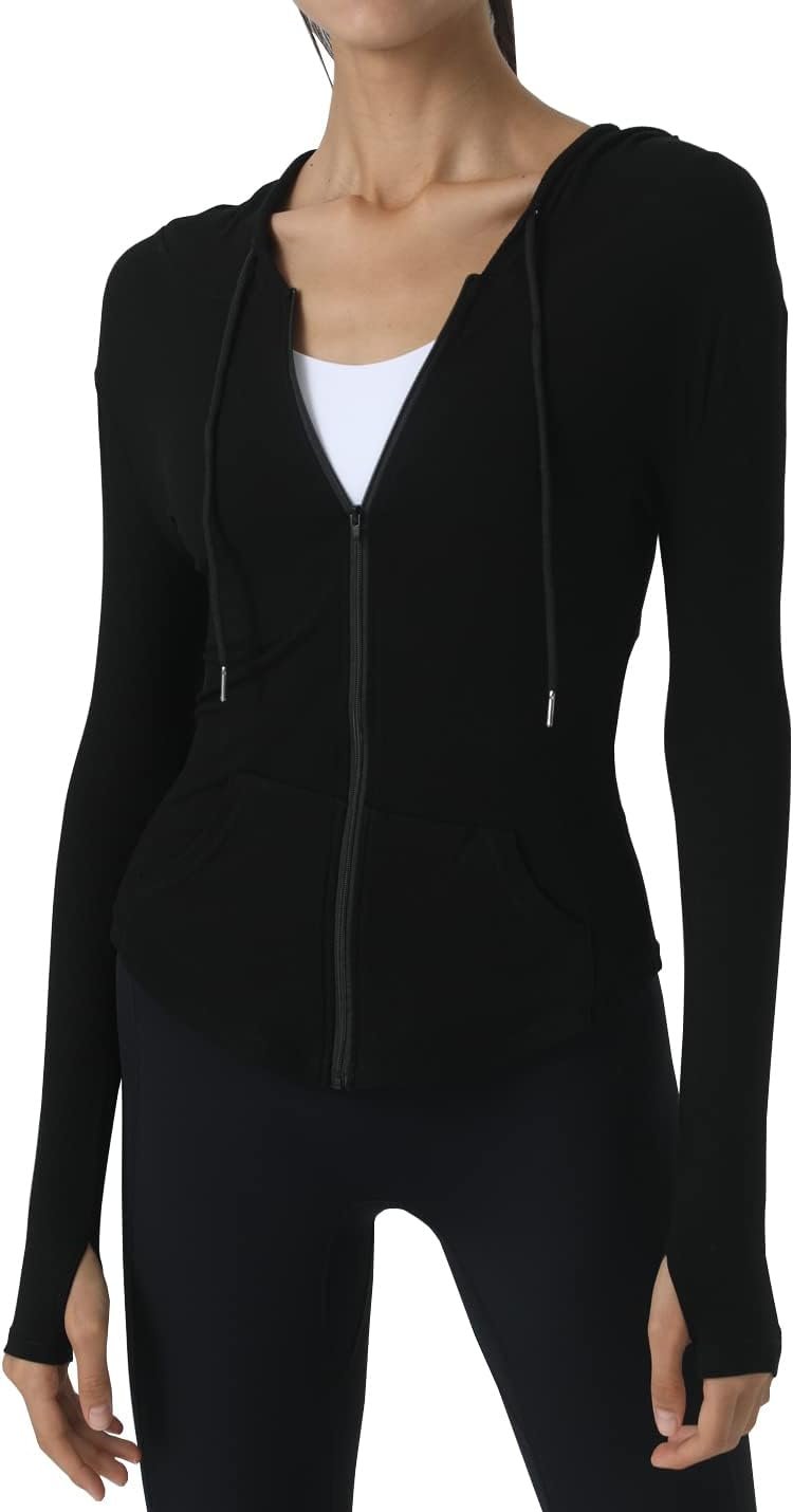 Locachy Womens Slim Fit Full Zip Hoodie Athletic Jacket Yoga Workout Running Jackets with Thumb Holes