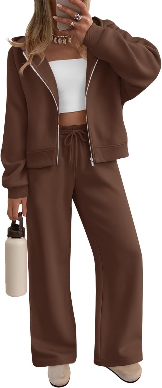 ZESICA Women’s 2 Piece Outfits 2025 Spring Winter Fleece Hoodie Tracksuit Zip Up Sweatshirt Long Sweatpant Matching Set