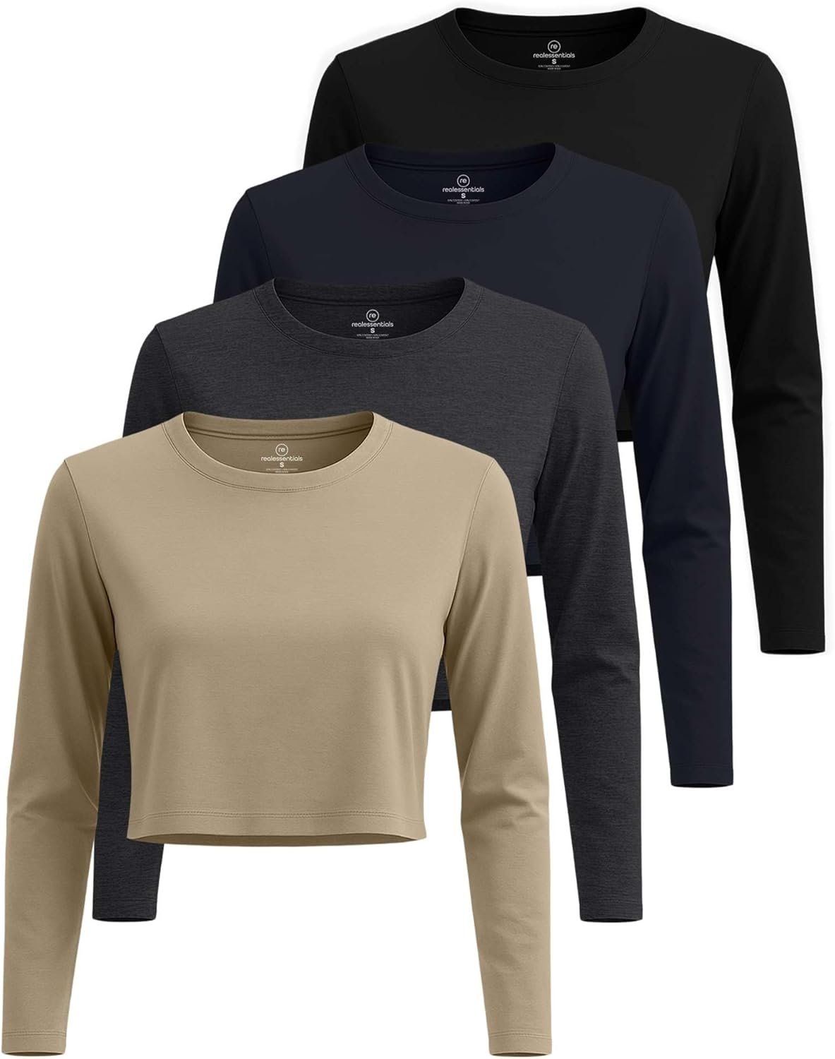 Real Essentials 4 Pack: Women’s Cotton Long Sleeve Crew Crop Top – Casual Cropped T-Shirt (Available in Plus Size)