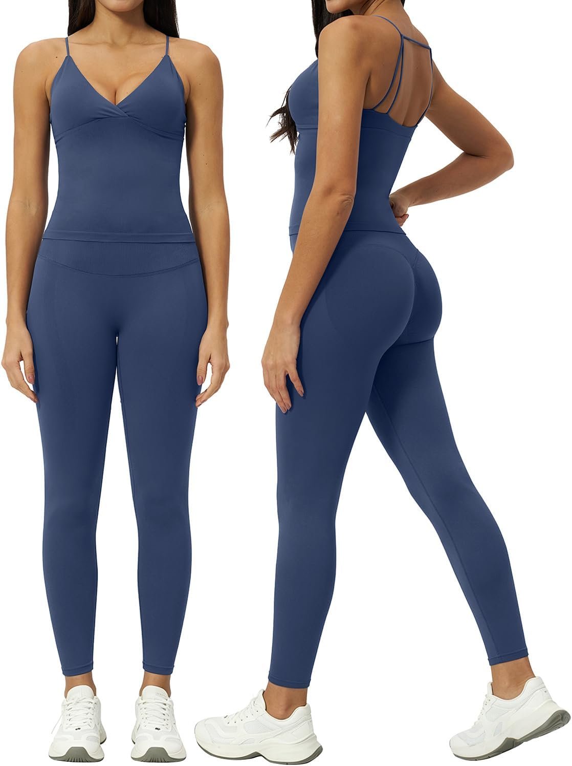Meyeeka Women 2 Piece Workout Sets Ribbed V Neck Spaghetti Straps Padded Tank Tummy Control High Waist Yoga Leggings