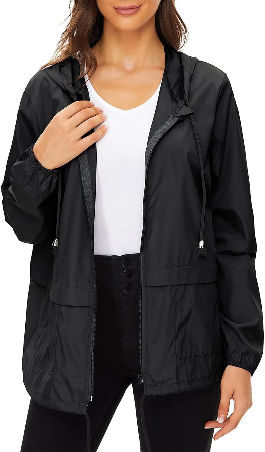 Century Star Womens Rain Jacket Waterproof with Hood, Lightweight Packable Windbreaker for Travel Bomber Style