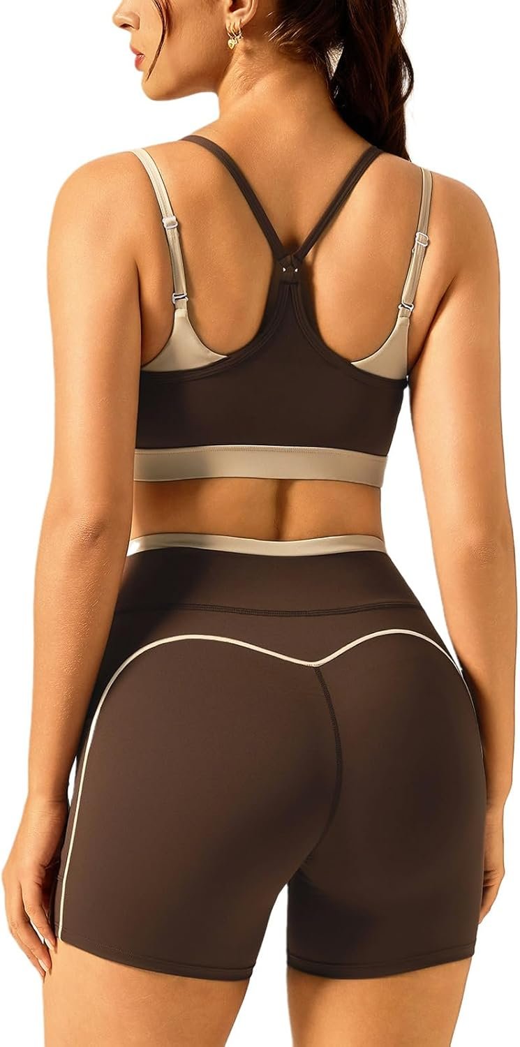 Womens Workout Sets 2 Piece Matching Gym Set High Waist Shorts With Pockets Double Layer Sports Bra Yoga Outfits Set
