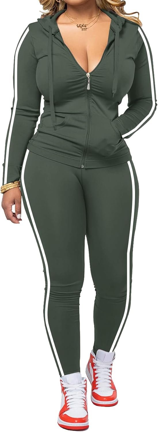 Women 2 Piece Outfits Casual Workout Sets Striped Bodycon Tracksuit Zip Up Long Sleeve Hoodle Jacket Jogger Pant Set