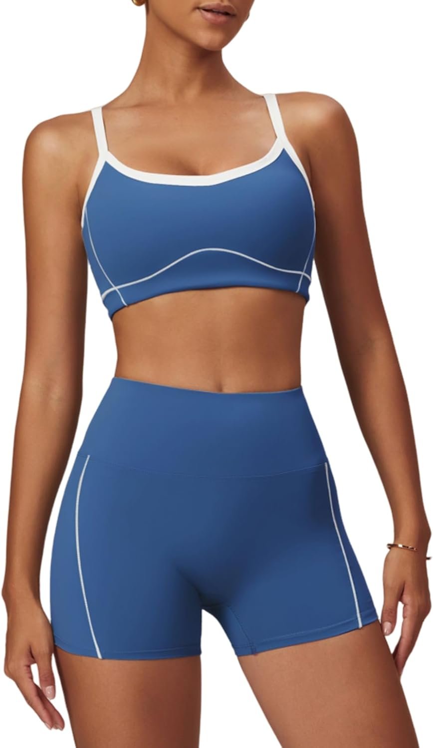 QBGJTD Two Piece Women Workout Sets Color Block Sports Bra and Scrunch Butt Lifting Shorts Gym Yoga Active Wear Outfits