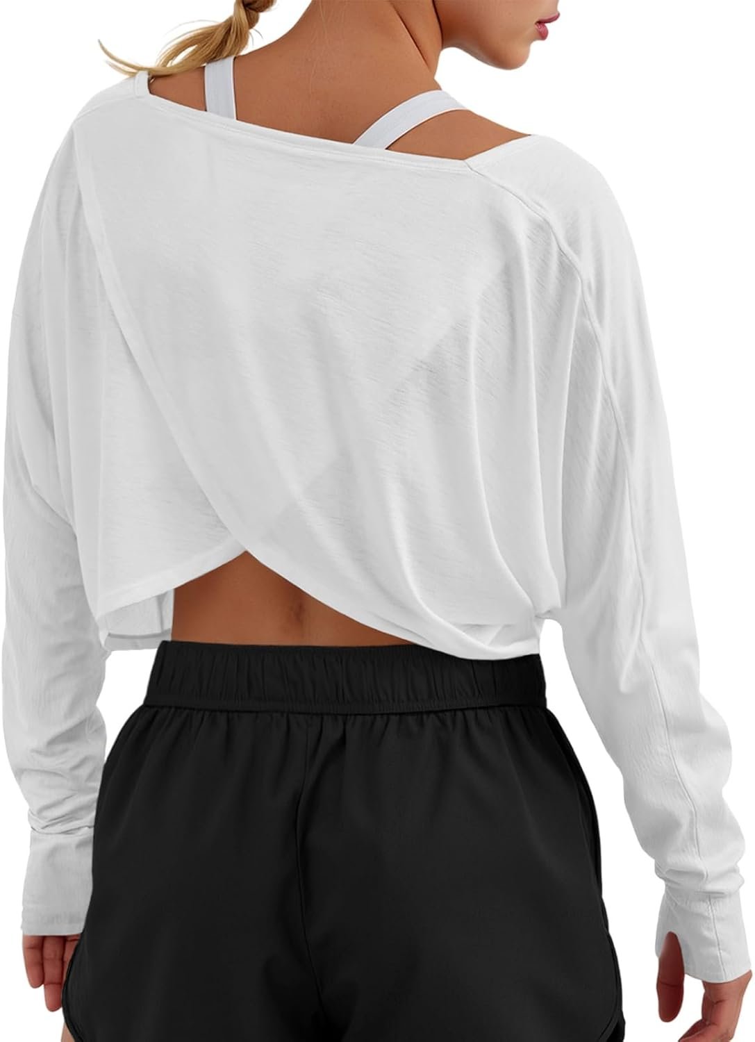 Fisoew Womens Long Sleeve Workout Tops Athletic Shirts Cropped Crossover Back Loose Running Gym Tee with Thumb Holes