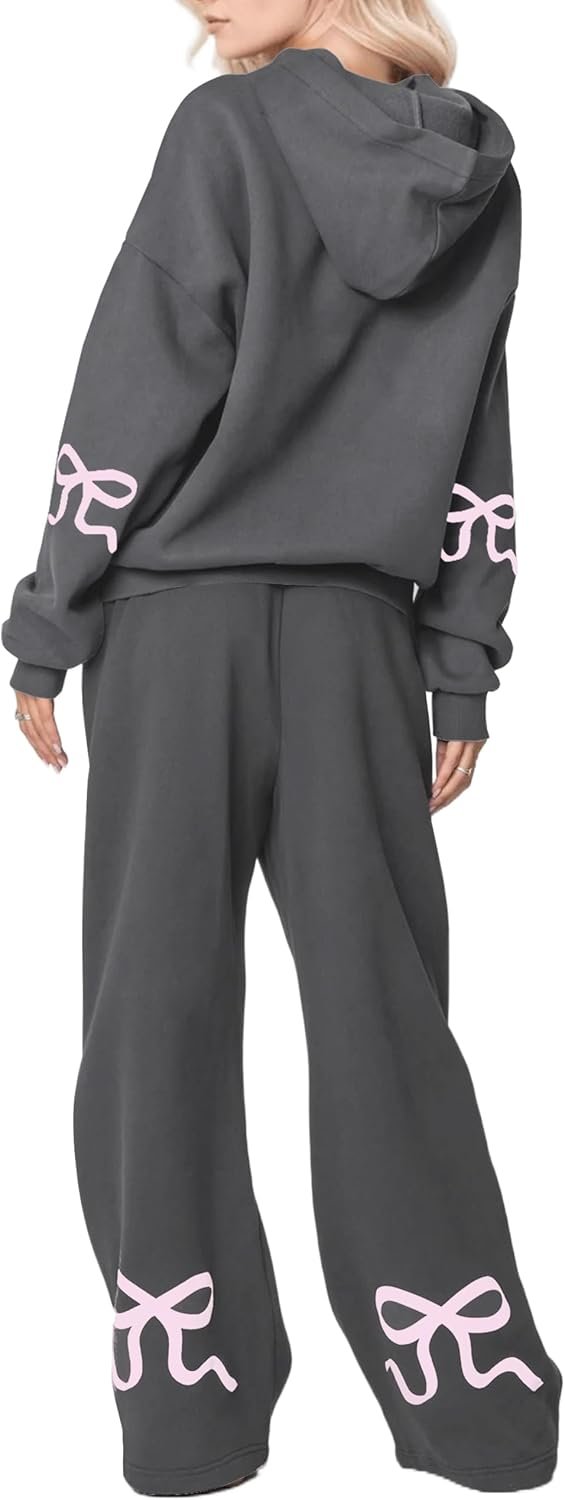 Livtany Women’s 2 Piece Outfits Bow Trim Print Hoodie Sweatsuit Sets Oversized Sweatshirt Wide Leg Sweatpants With Pockets