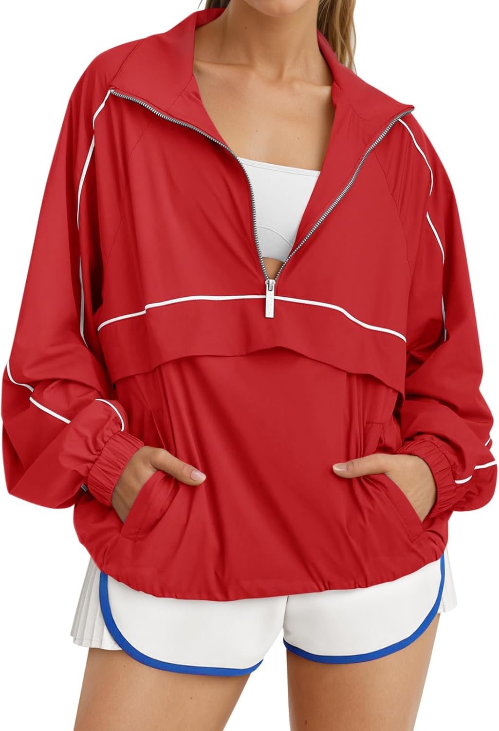Fisoew Quarter Zip Pullover Women UPF 50+ Lightweight Windbreaker Jacket Running Hiking Outdoor Pullover with Pocket