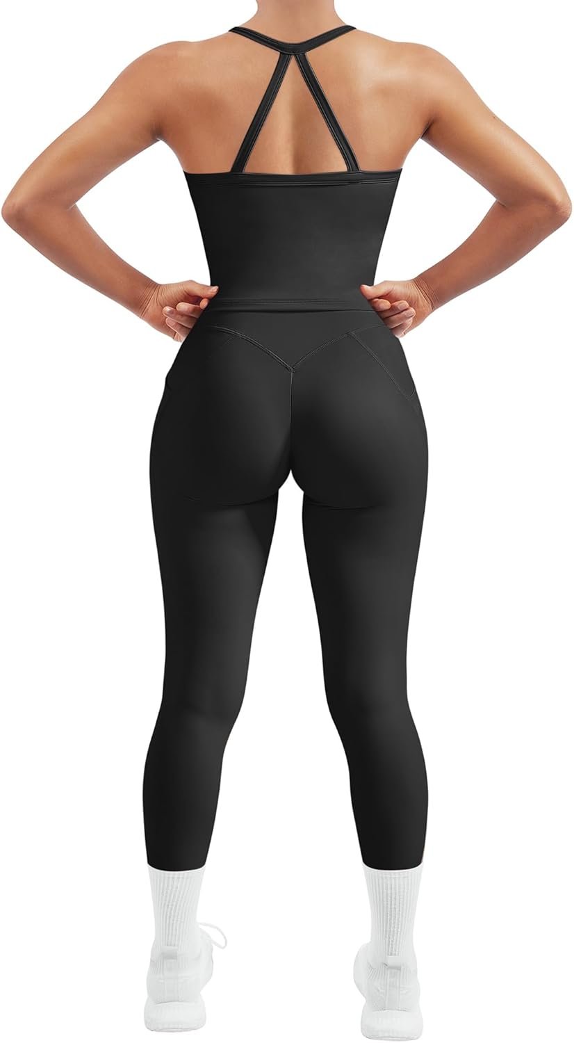 SUUKSESS Women 2 Piece Workout Sets Compression Tummy Control Leggings with Pockets Halter Built in Bra Tank Tops