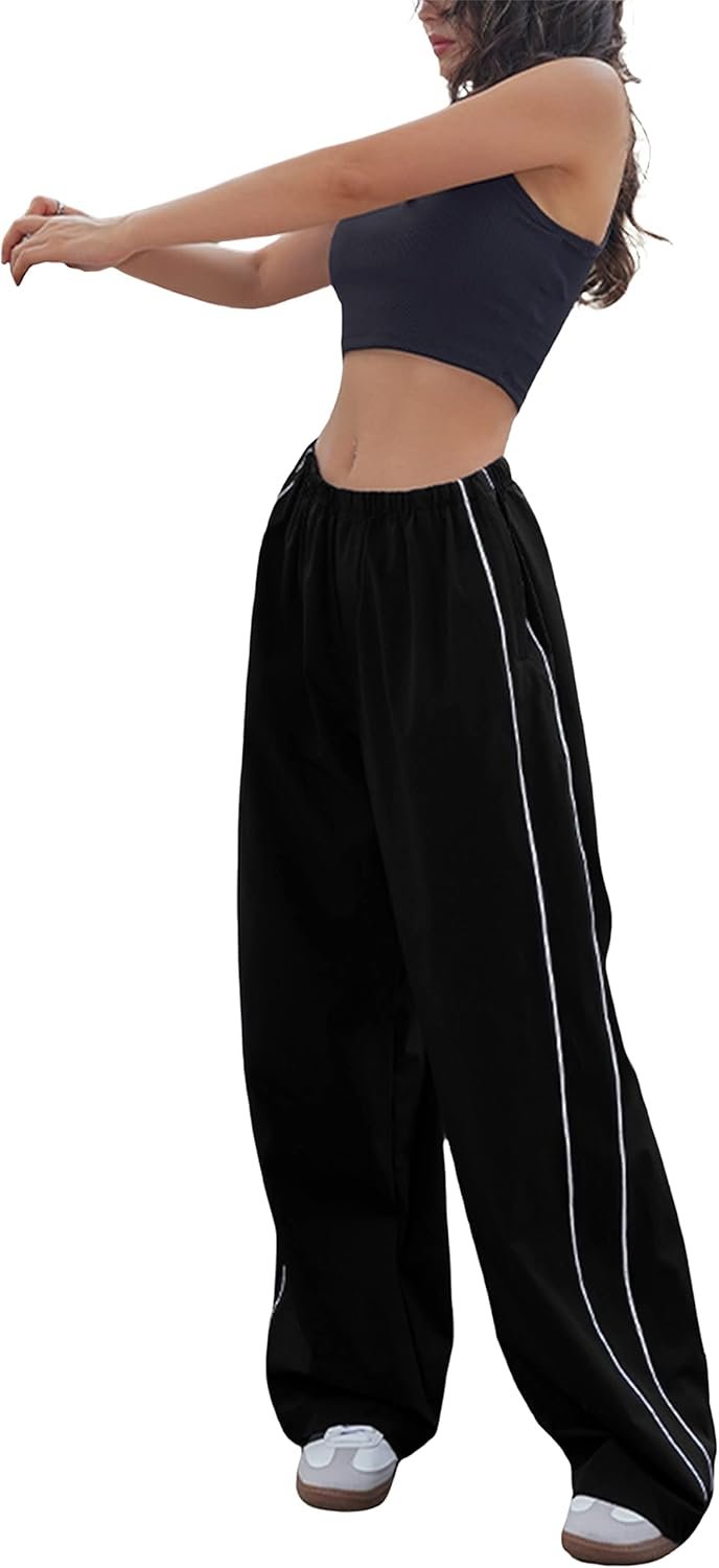 Springrain Womens Wide Leg Track Pants Slouchy Stripe Detail Jogger Sweatpants with Pockets