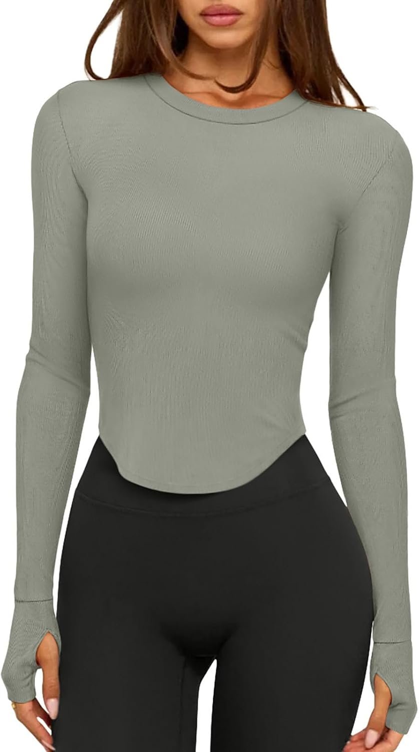 LASLULU Womens Long Sleeve Workout Tops Crop Tops Crew Neck Ribbed Slim Fitted Breathable Running Yoga Going Out T-Shirts