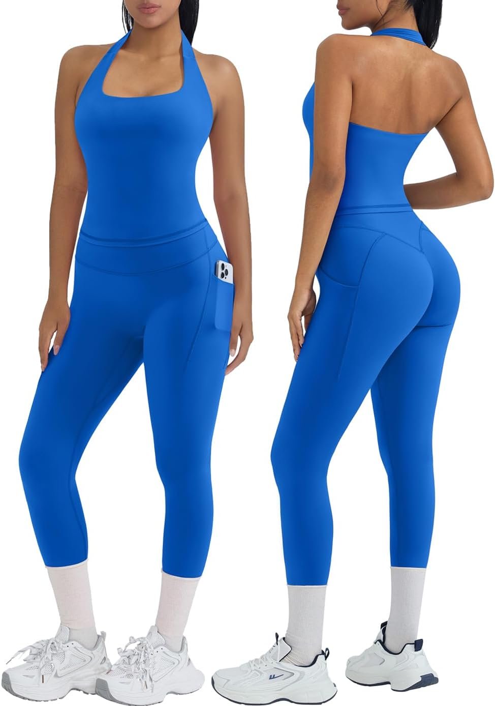 OMKAGI 2 Piece Workout Sets for Women Halter Tops Booty Leggings with Pockets Gym Outfits