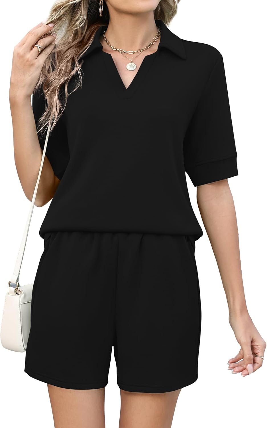 LOMON Womens Two Piece Sets Summer Shorts Matching Lounge Sets Half Sleeve Polo Sweatsuit Airport Travel Outfit Clothes