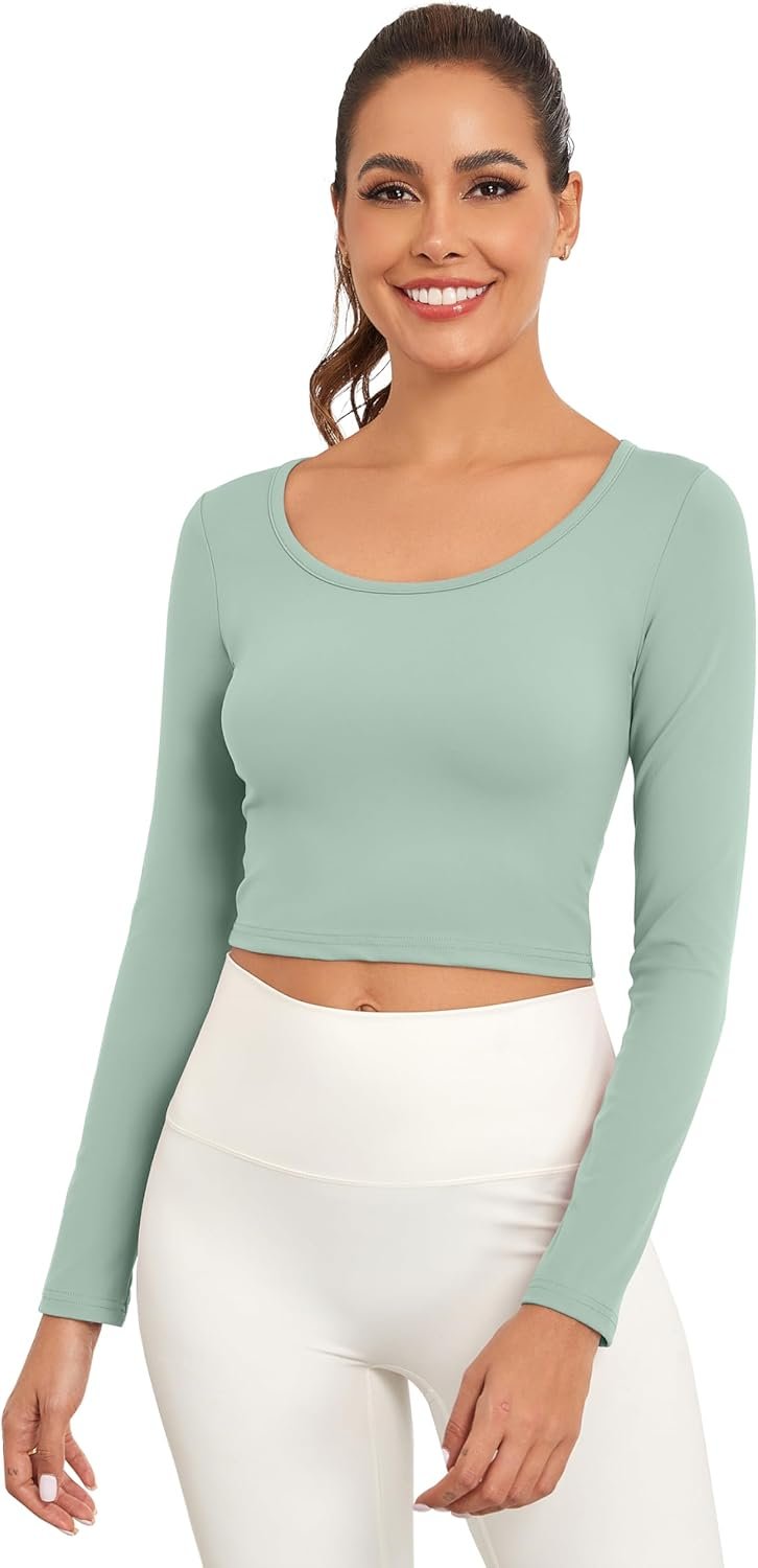 Women’s Long Sleeve Crop Tops Scoop Neck Lightweight Workout Slim Fit Going Out Gym Yoga Shirts