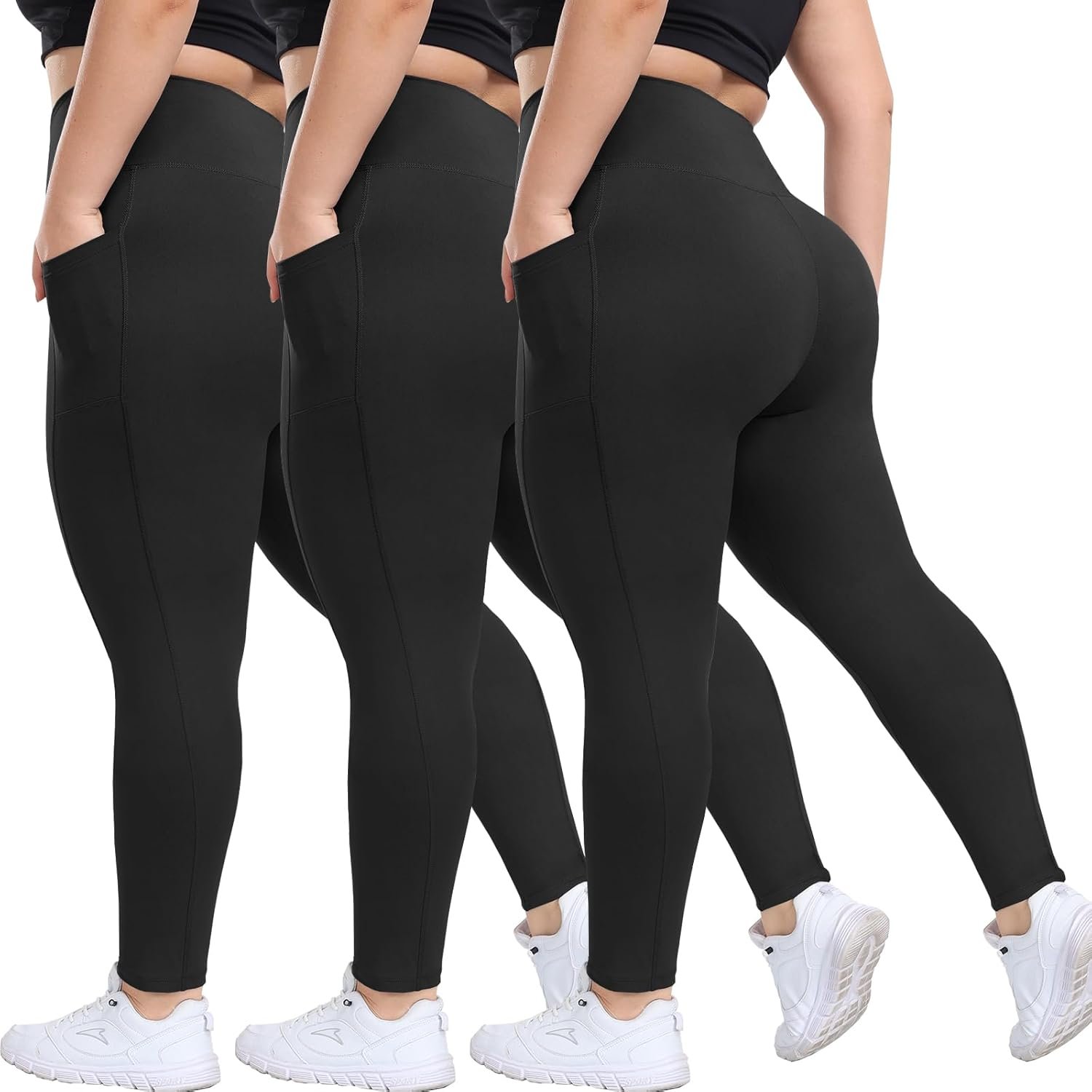HLTPRO 3 Pack Plus Size Leggings with Pockets for Women – Black High Waisted Tummy Control Soft Yoga Pants for Gym Workout