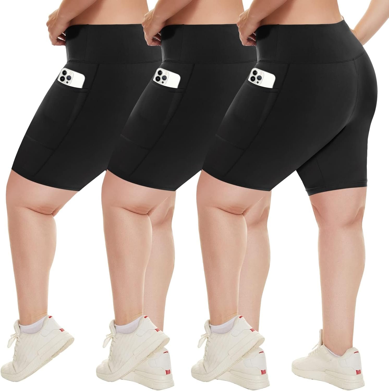 HLTPRO 3 Pack Plus Size Biker Shorts with Pockets for Women (S-4XL)- 8″/5″/3″ High Waist Tummy Control Shorts for Yoga