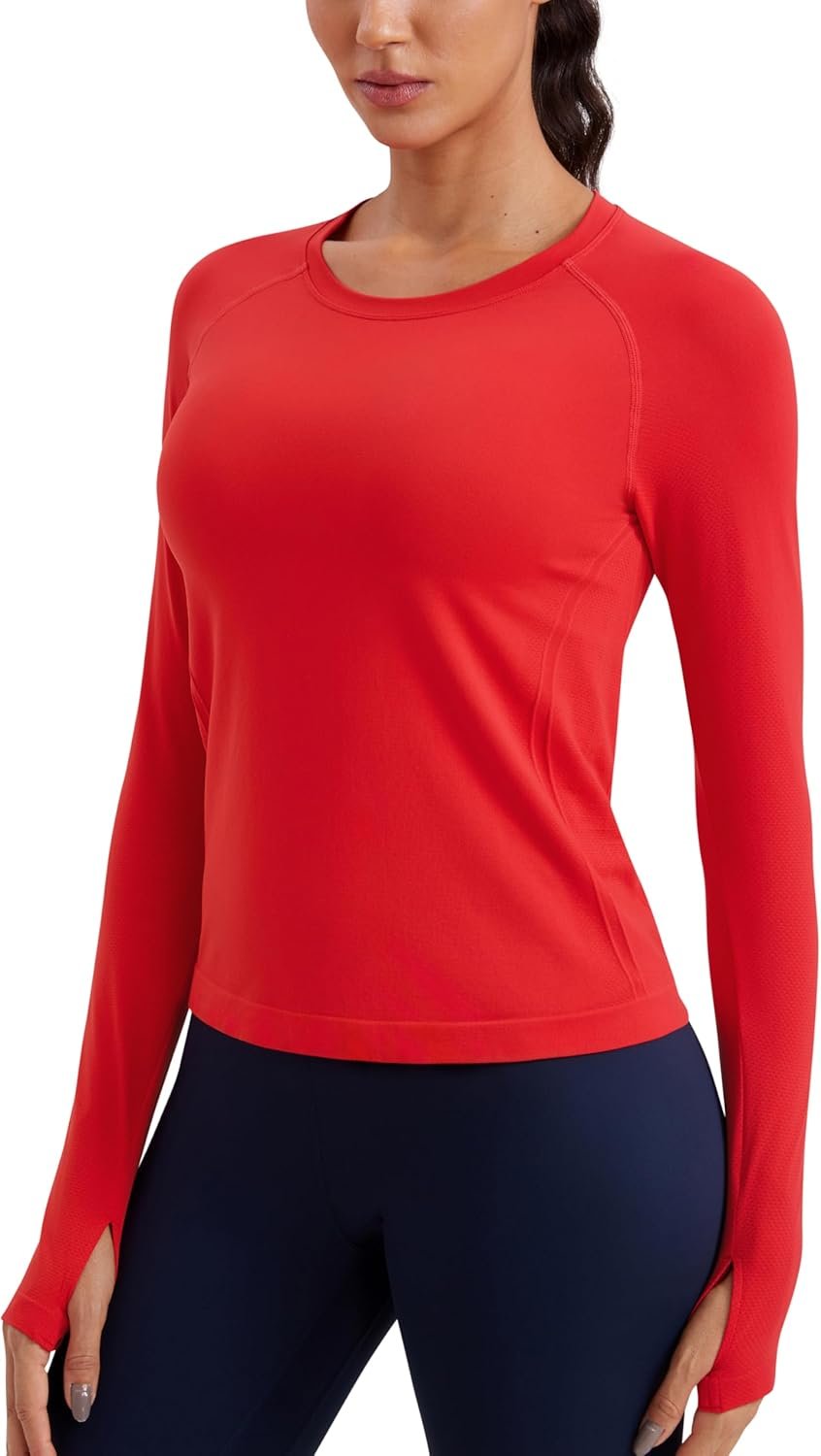CRZ YOGA Seamless Long Sleeve Shirts for Women Waist Length – Workout Athletic Running Gym Yoga Tops Crewneck Breathable