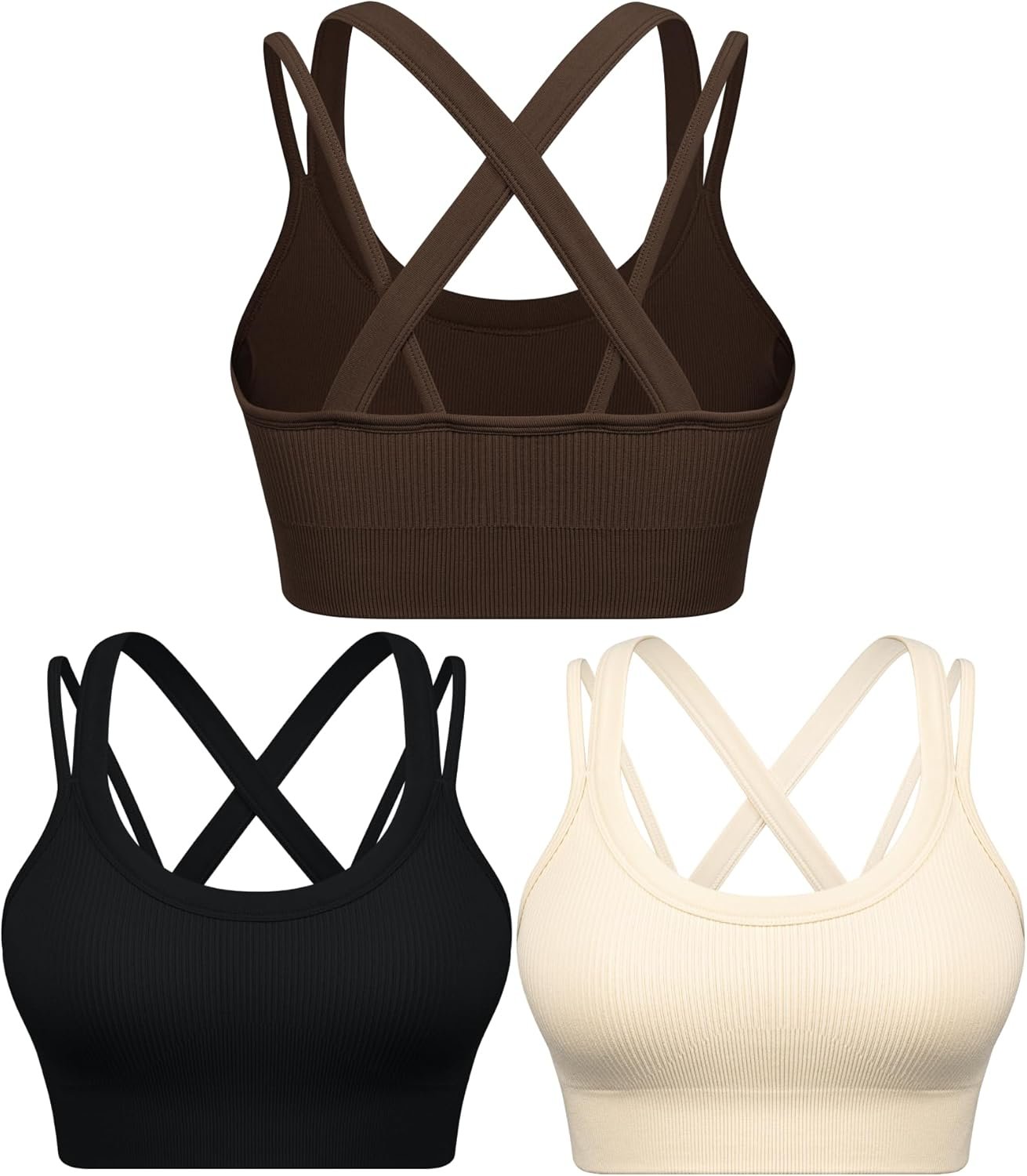 WANAYOU Sports Bras for Women High Support Ribbed Strappy Running Sports Bra Criss Cross Back Workout Bra Padded 3 Pack