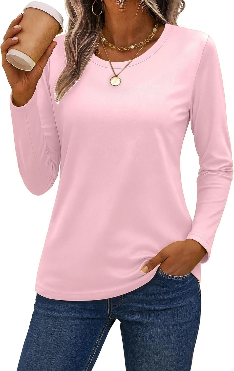 SMENG Women’s Long Sleeve Crewneck Cotton Basic T-Shirt Solid Color Soft Comfy Casual Tops Fall Shirts for Women 2026