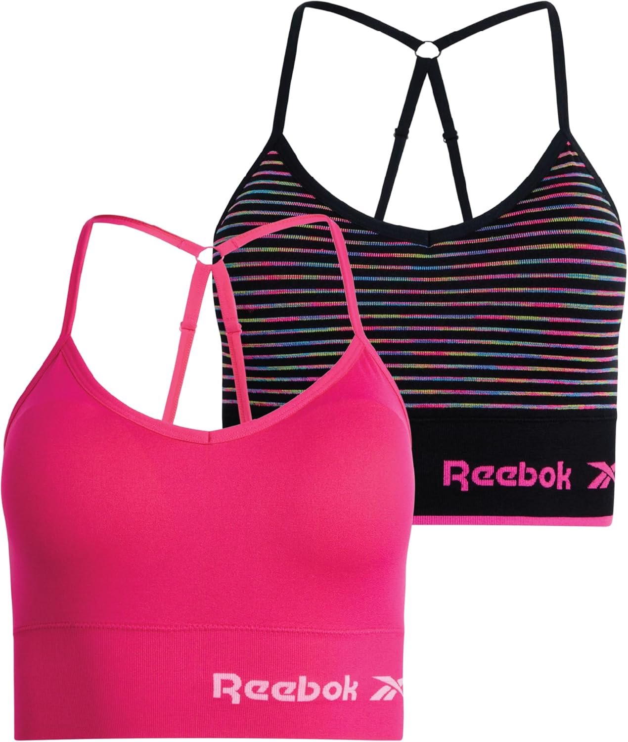 Reebok Womens Sports Bras – 2 Pack Seamless Soft Stretch Padded Sports Bras for Women with Adjustable Long Crossback Straps