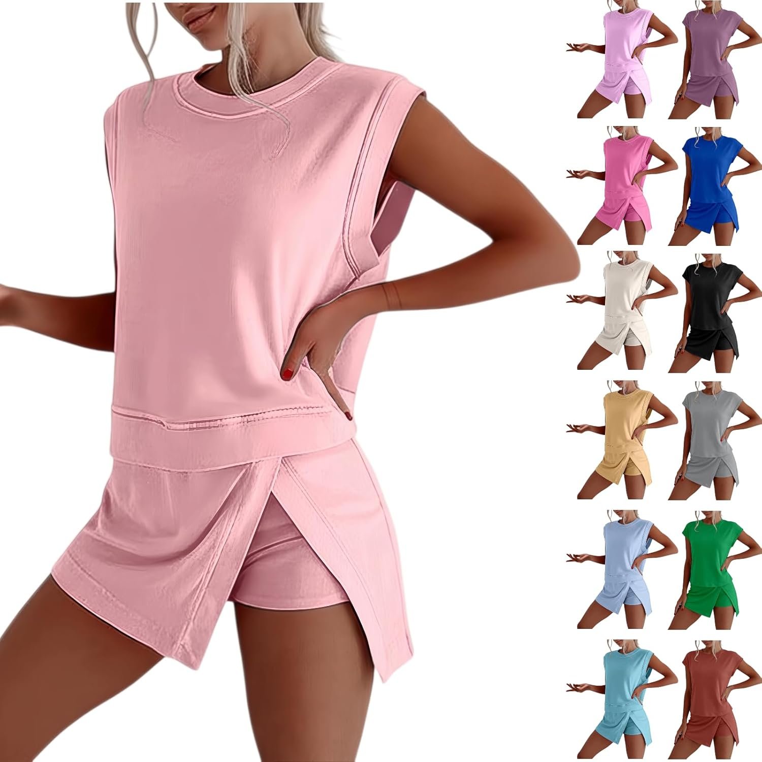 Skort Sets Women 2 Piece Outfits Summer Casual Side Split Athletic Skirt Matching Tank Top Set Vacation Short Lounge Sets