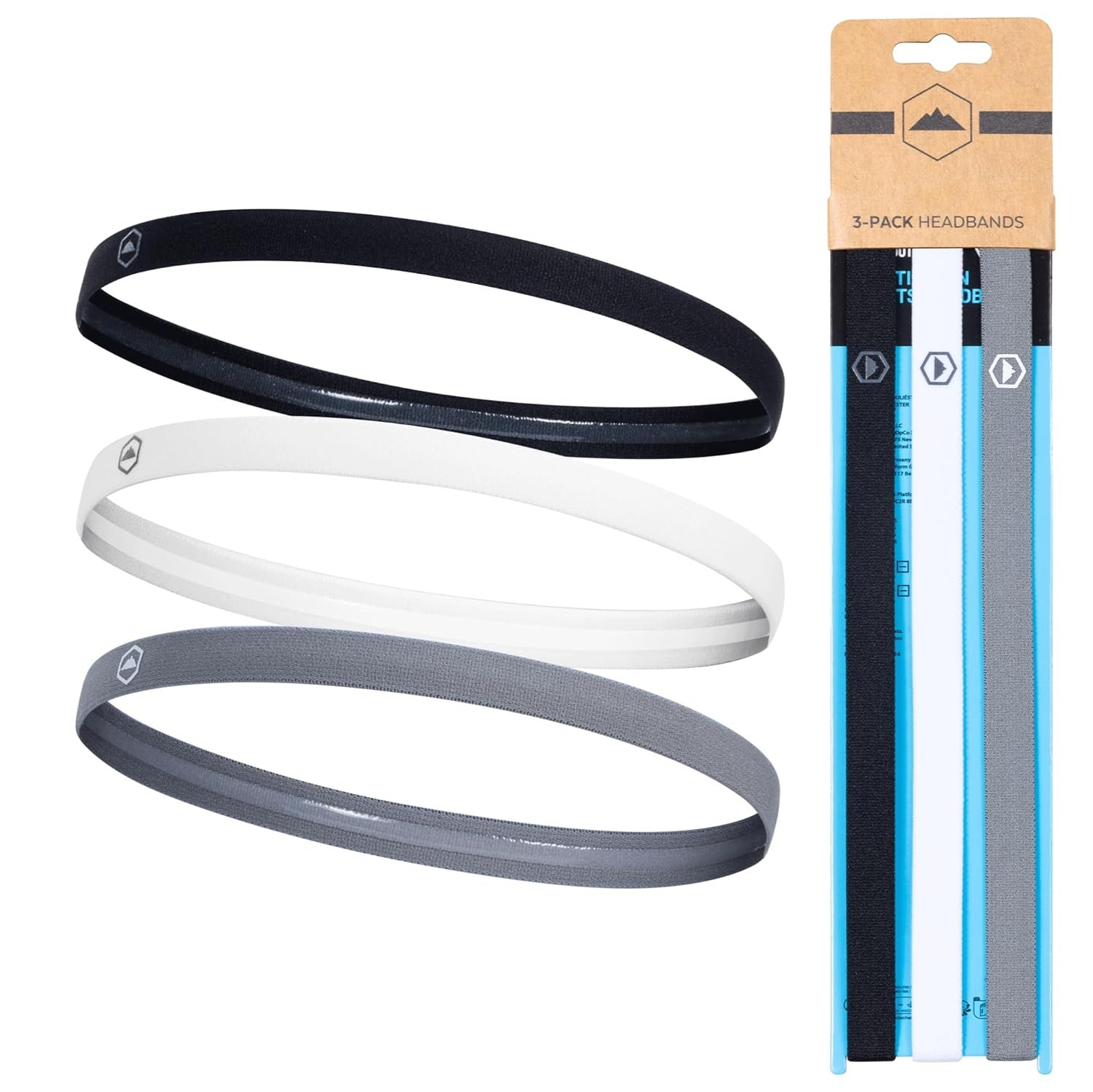 Tough Headwear Thin Elastic, Sports for Women & Men, Workout, Running, Soccer and Mens Headband – 3-Pack | Black, Gray and White
