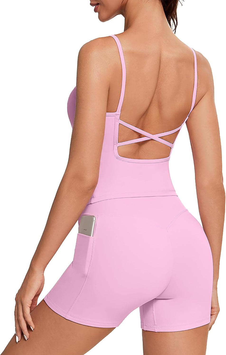 OMKAGI Workout Sets for Women Open Back Strappy Workout Tank Gym Shorts Outfits with Pockets