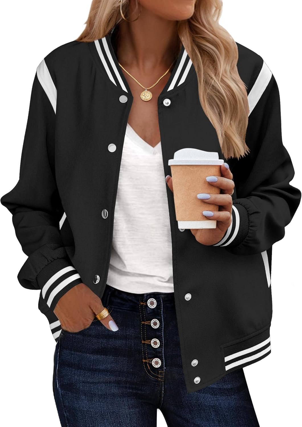 Zeagoo Bomber Jacket Women Varsity Casual Button Down Lightweight 2026 Spring Fashion Short School Outfits with Pockets