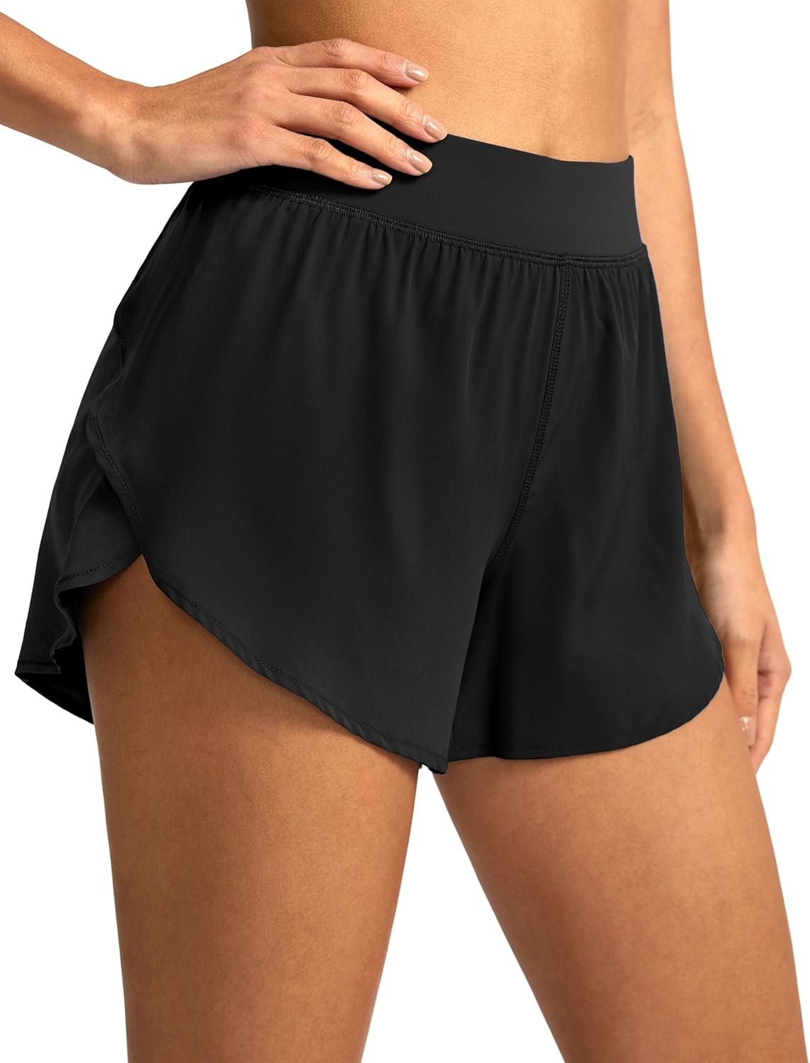 Soothfeel High Waisted Athletic Running Shorts for Women Dolphin Short High Split Quick Dry Gym Workout Shorts with Liner
