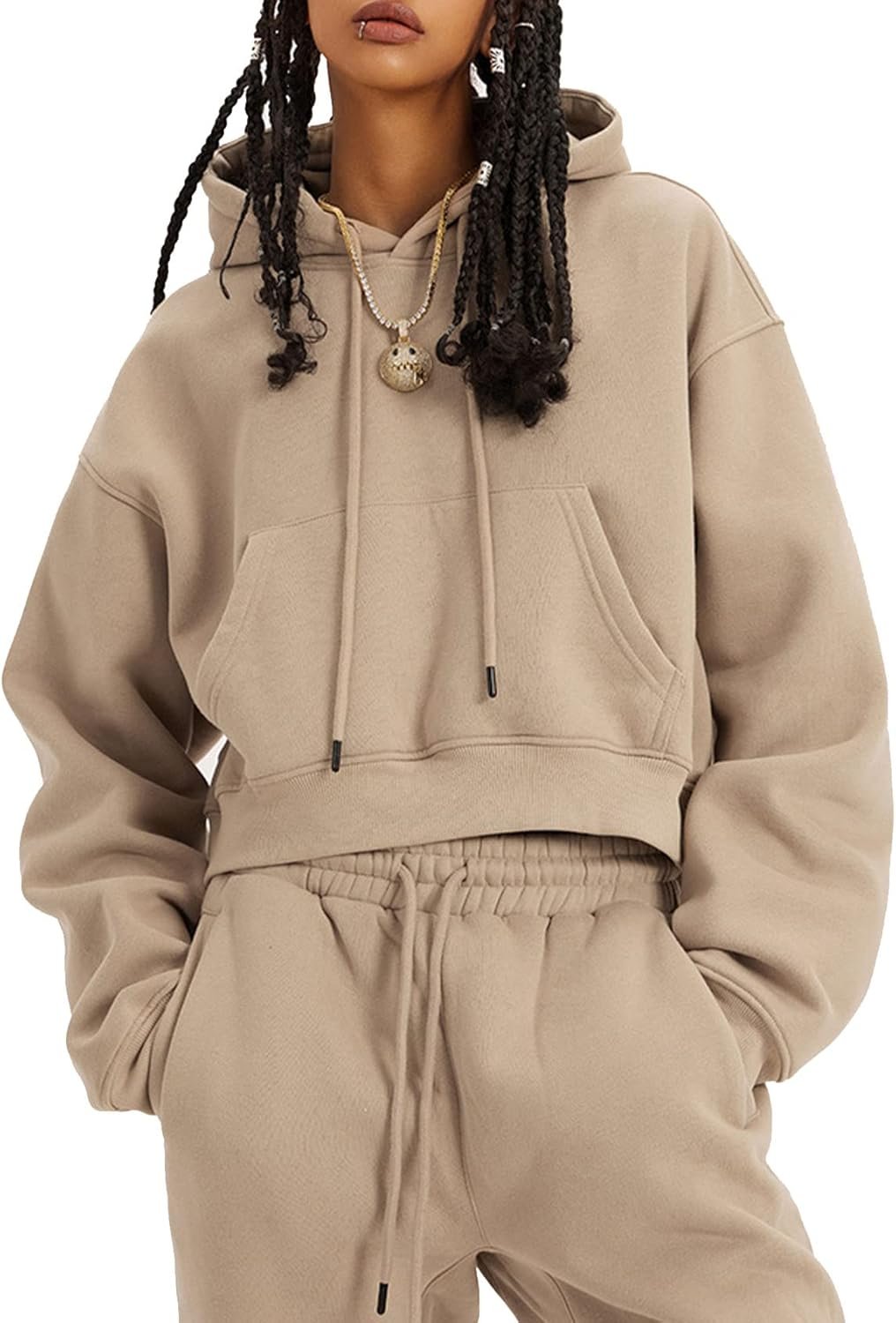 Flygo Womens Fleece 2 Piece Outfits Sweatsuit Crop Pullover Sweatshirt Joggers Pants Tracksuit Set(Khaki-L)
