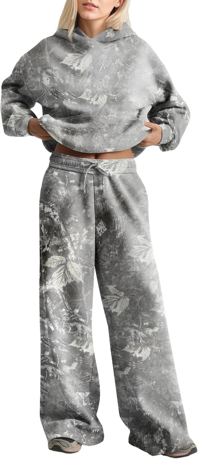 Women 2 Piece Lounge Outfits Camo Hoodies Sweatpants Sets Maple Leaf Print Hooded Sweatshirt Sweatpants Tracksuits