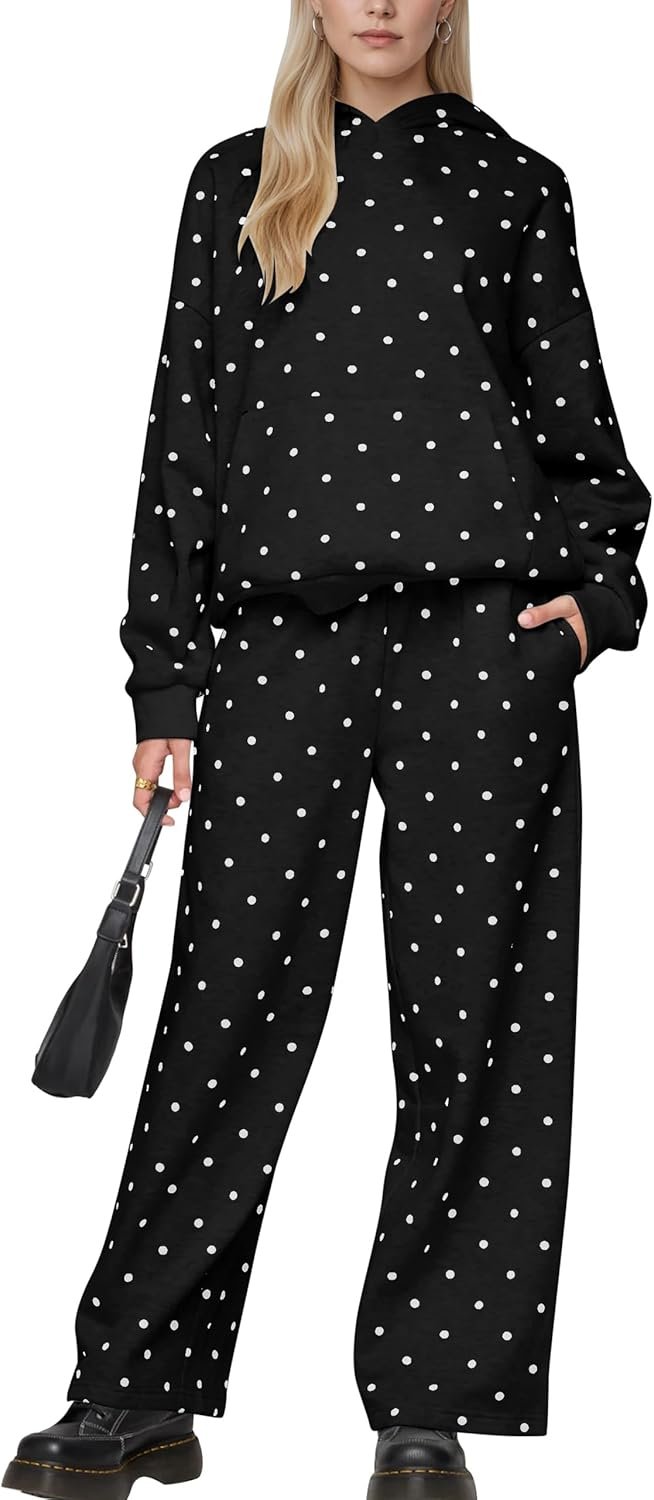 Lauweion Polka Dot Set-Womens Oversized Hoodie and Wide Leg Sweatpants