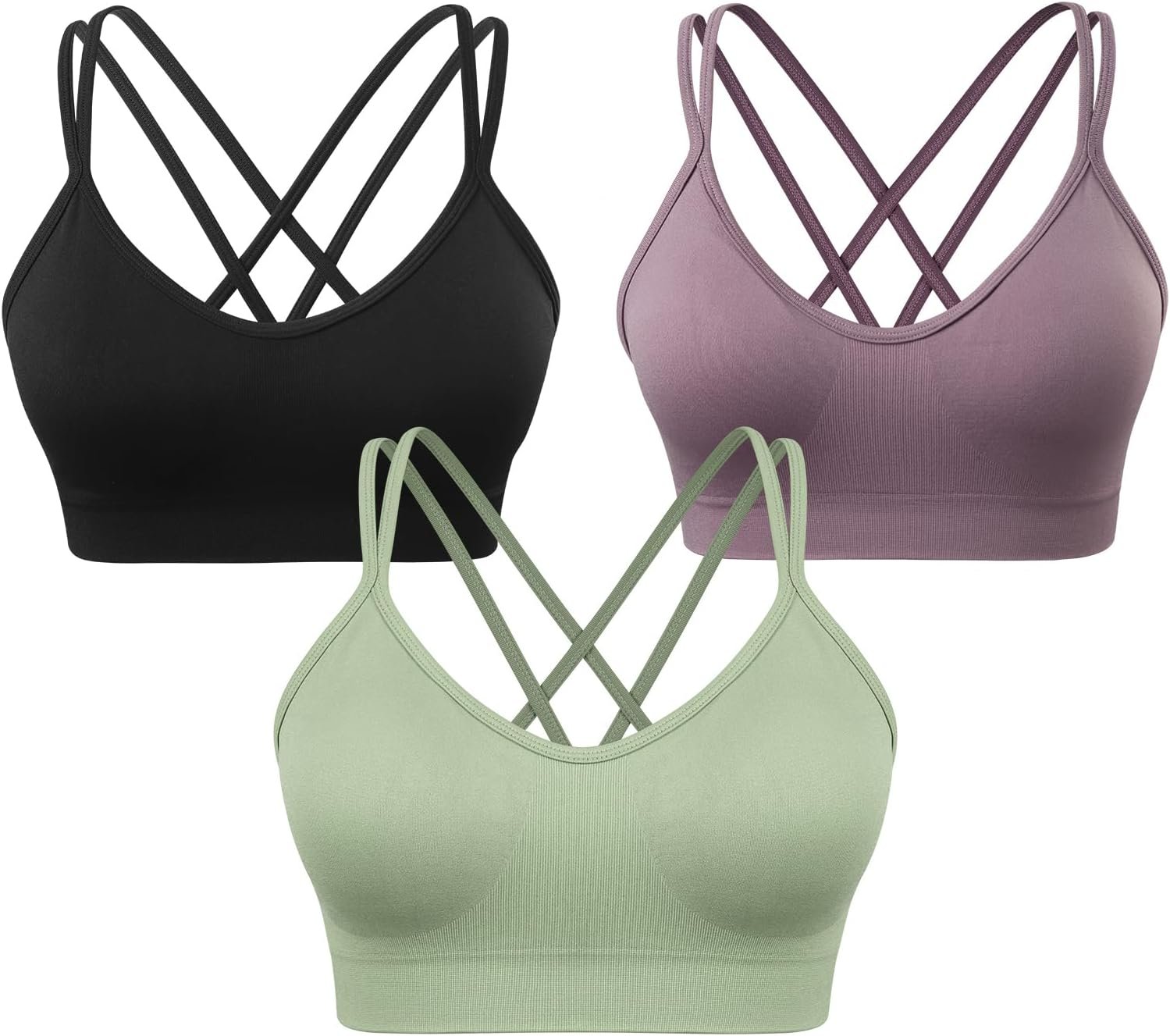 VEQKING Women’s Cross Back Sports Bra Padded Strappy Medium Support Yoga Bra for Workout Fitness 3 Pack