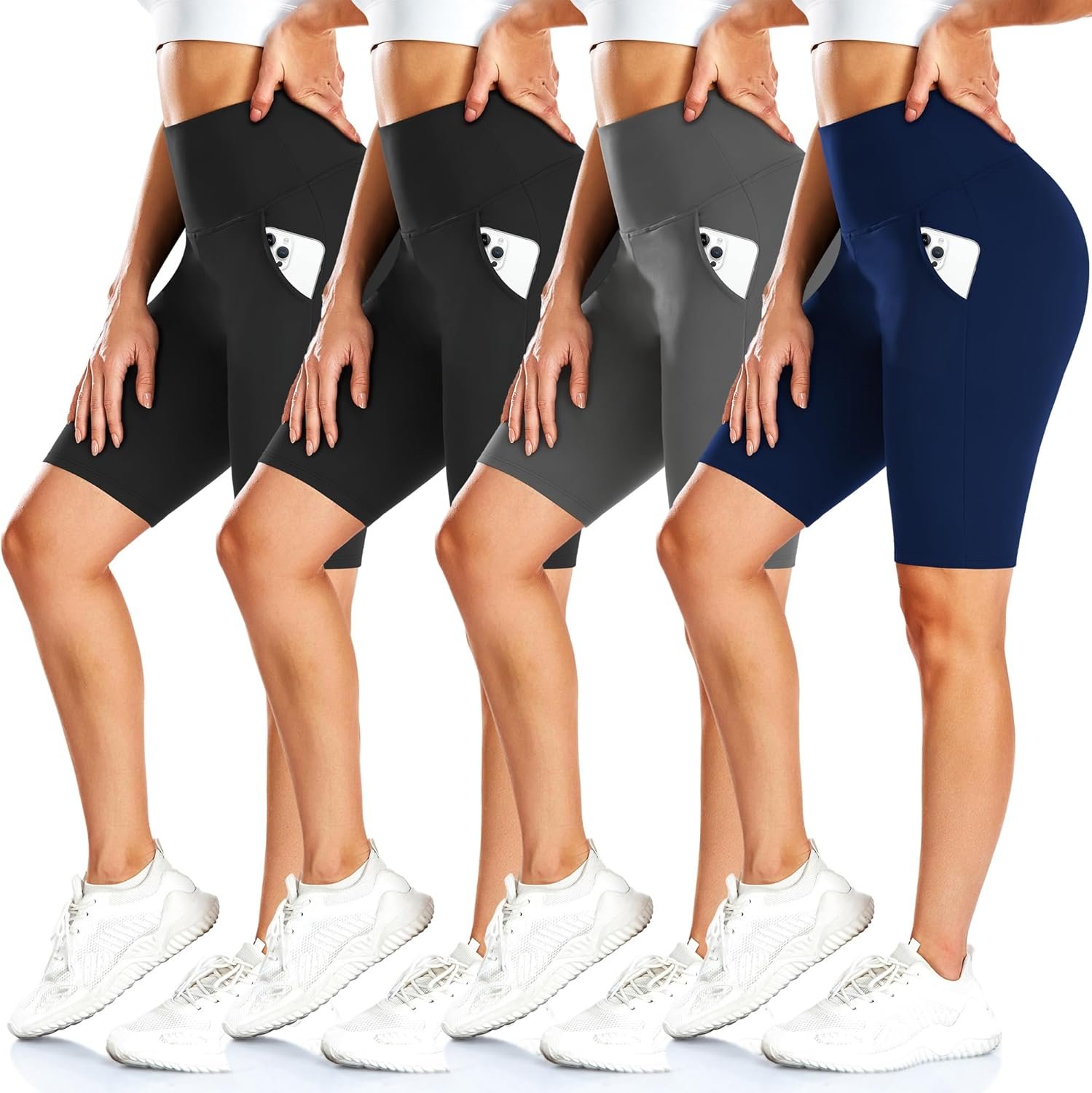 FULLSOFT 4 Pack Biker Shorts for Women with Pockets – 8″ High Waisted Tummy Control Workout Yoga Running Shorts