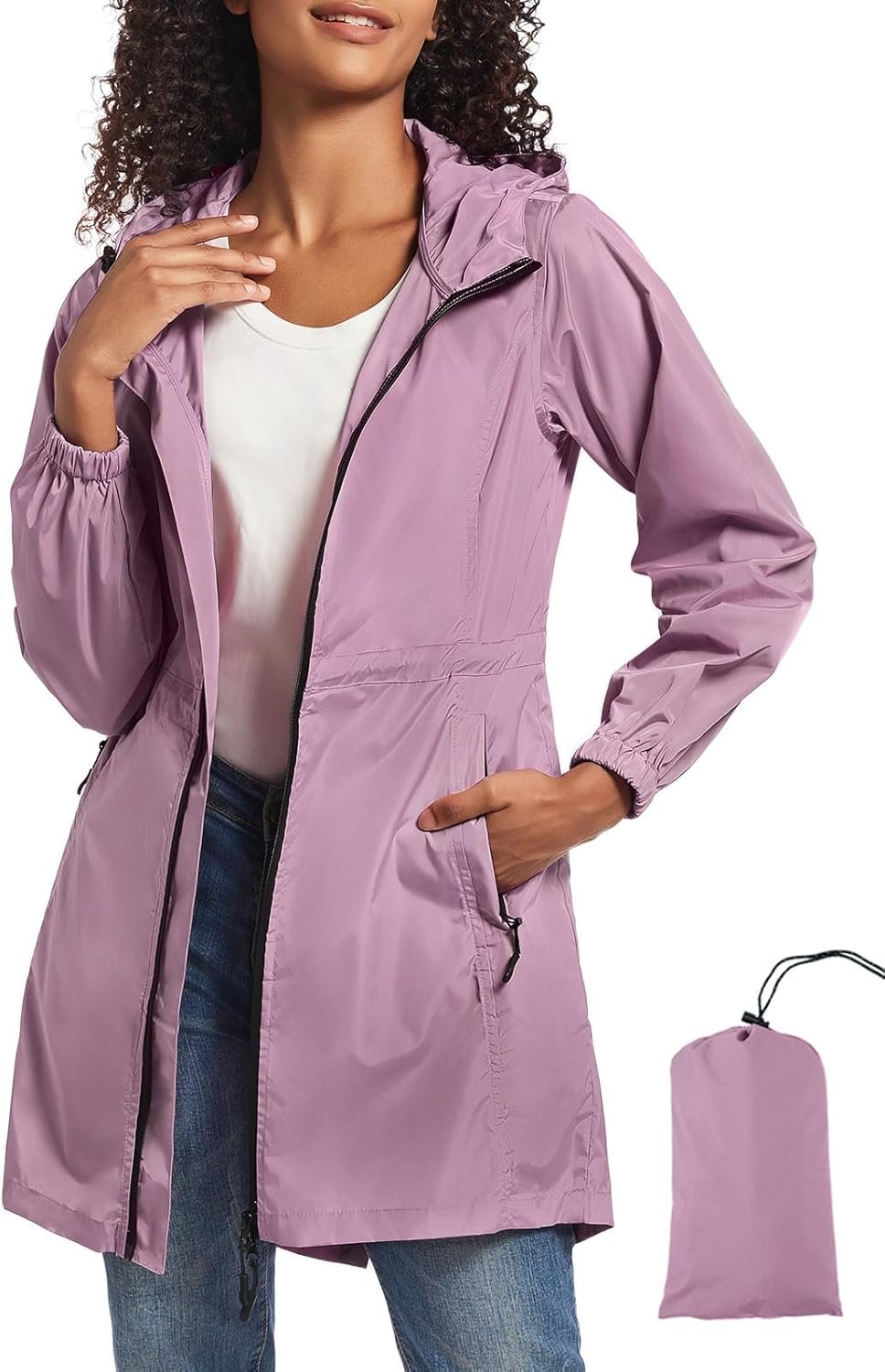 SaphiRose Women’s Long Packable Raincoat Waterproof Rain Jacket Lightweight Outdoor Windbreaker with Hood