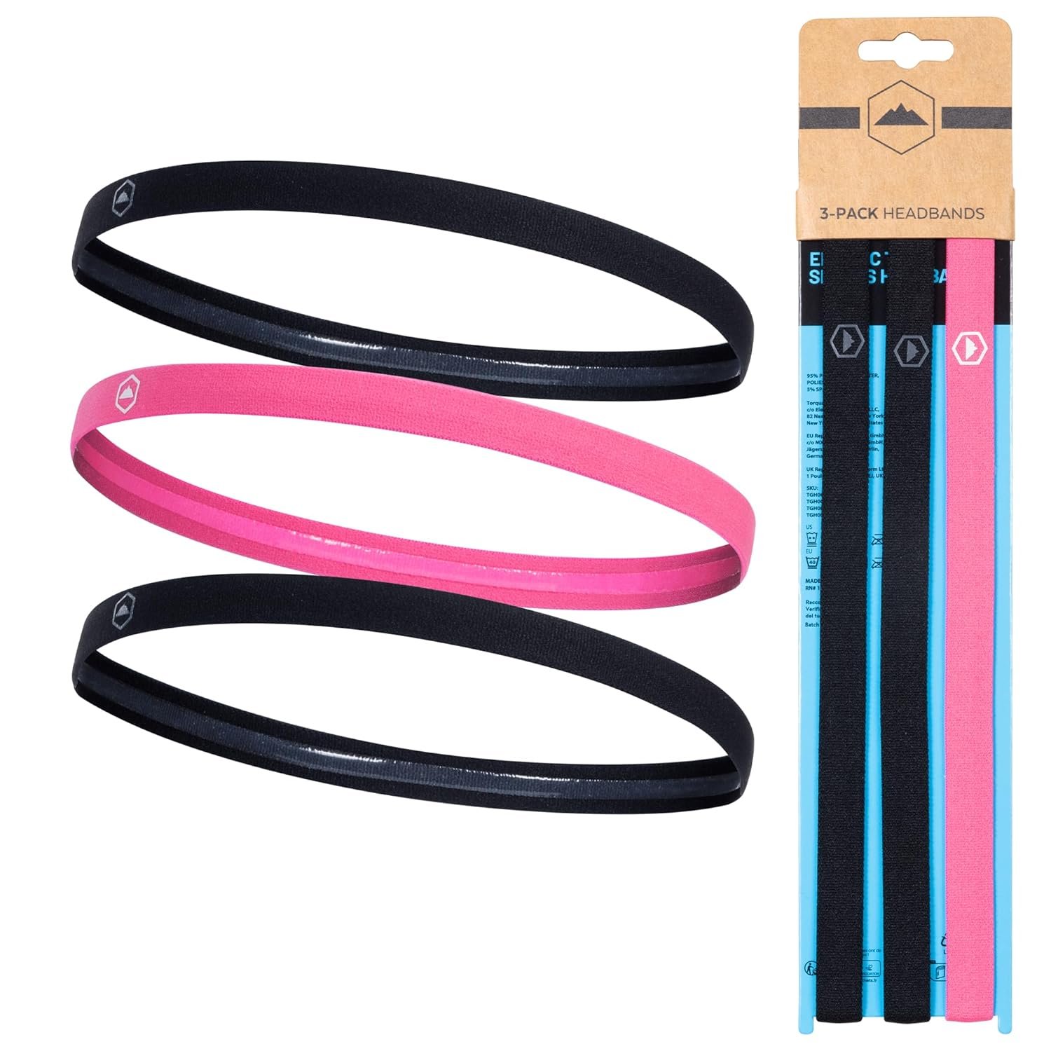 Tough Headwear Athletic Headband Set – Thin Headbands for Women – Elastic Sport Hair Bands Men – Skinny Sports Hairbands – Non Slip Athletic Head Bands for Sports – Black and Pink