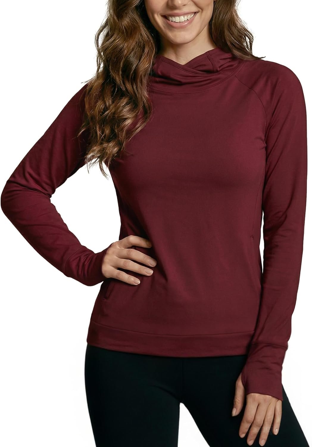 Zengjo Women’s Lightweight Workout Pullover Hoodie, Long Sleeve Hooded Shirt with Pockets, Cowl Neck and Thumb Holes