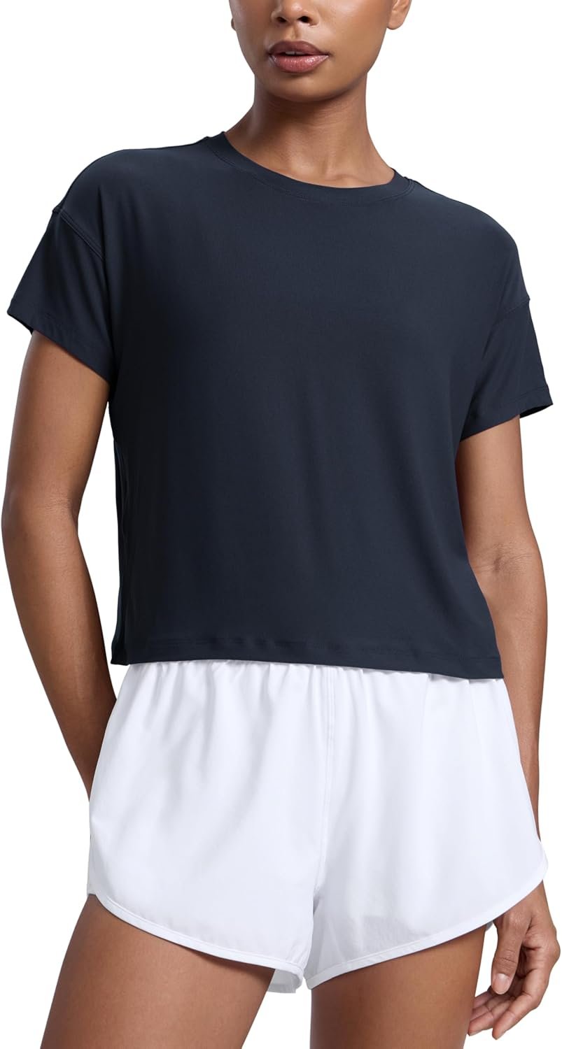 CRZ YOGA Cloudweight High Neck Workout Tops for Women Basic Athletic Lightweight Short Sleeve Shirts Loose Running T-Shirt