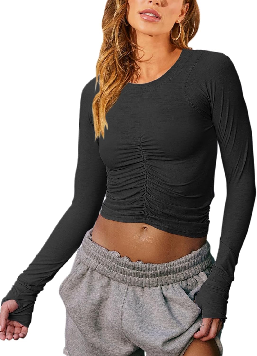 Vivitulip Women’s Long Sleeve Shirts Basic Fall Ruched Slim Fitted Crop Tops Tight Athletic Blouse with Thumb Holes