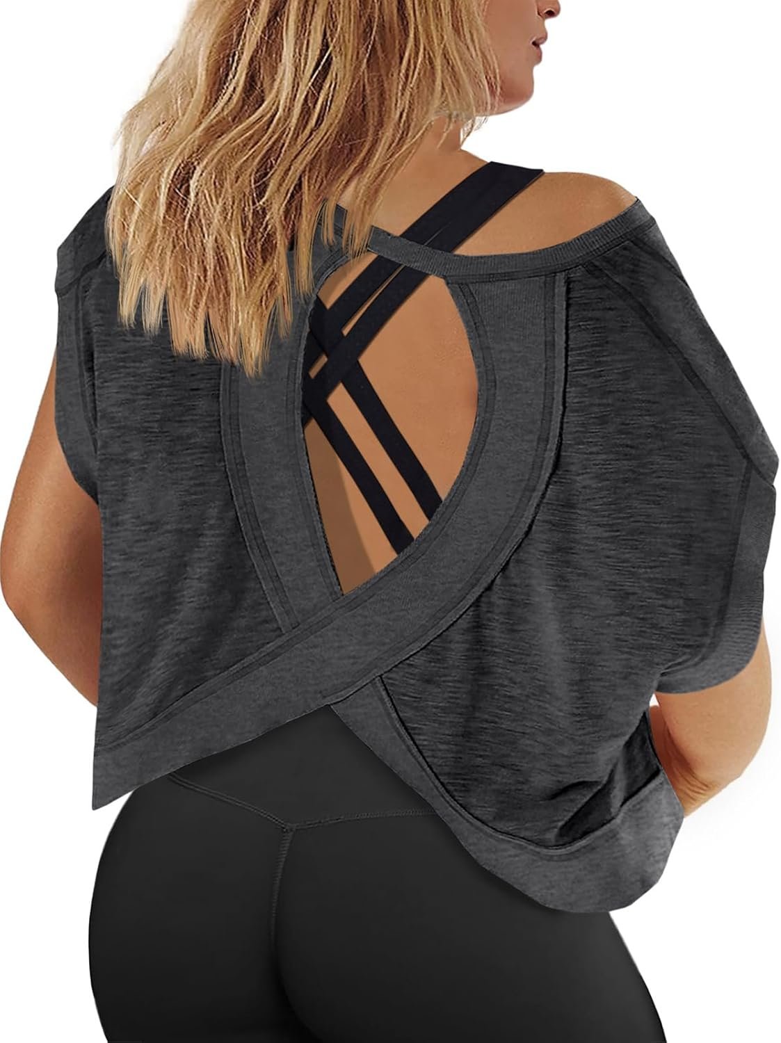 Fisoew Womens Plus Size Open Back Workout Tops Backless Short Sleeve Athletic Shirt Running Crop Top Gym Yoga T-Shirt