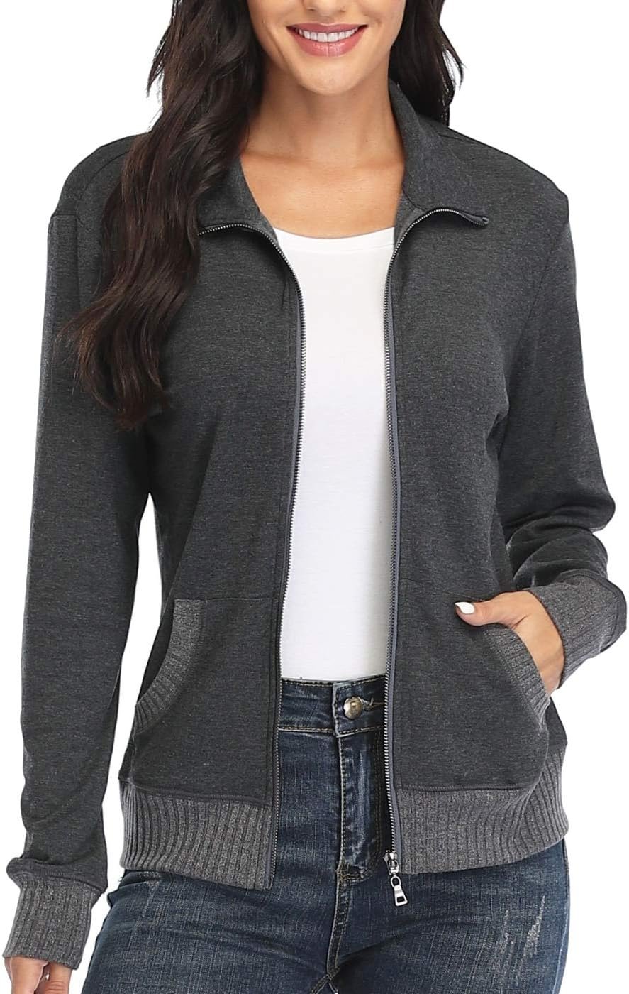 Women’s Zip up Sweatshirt Jacket Stand Collar Hoodless Running Sweatshirt with Pockets