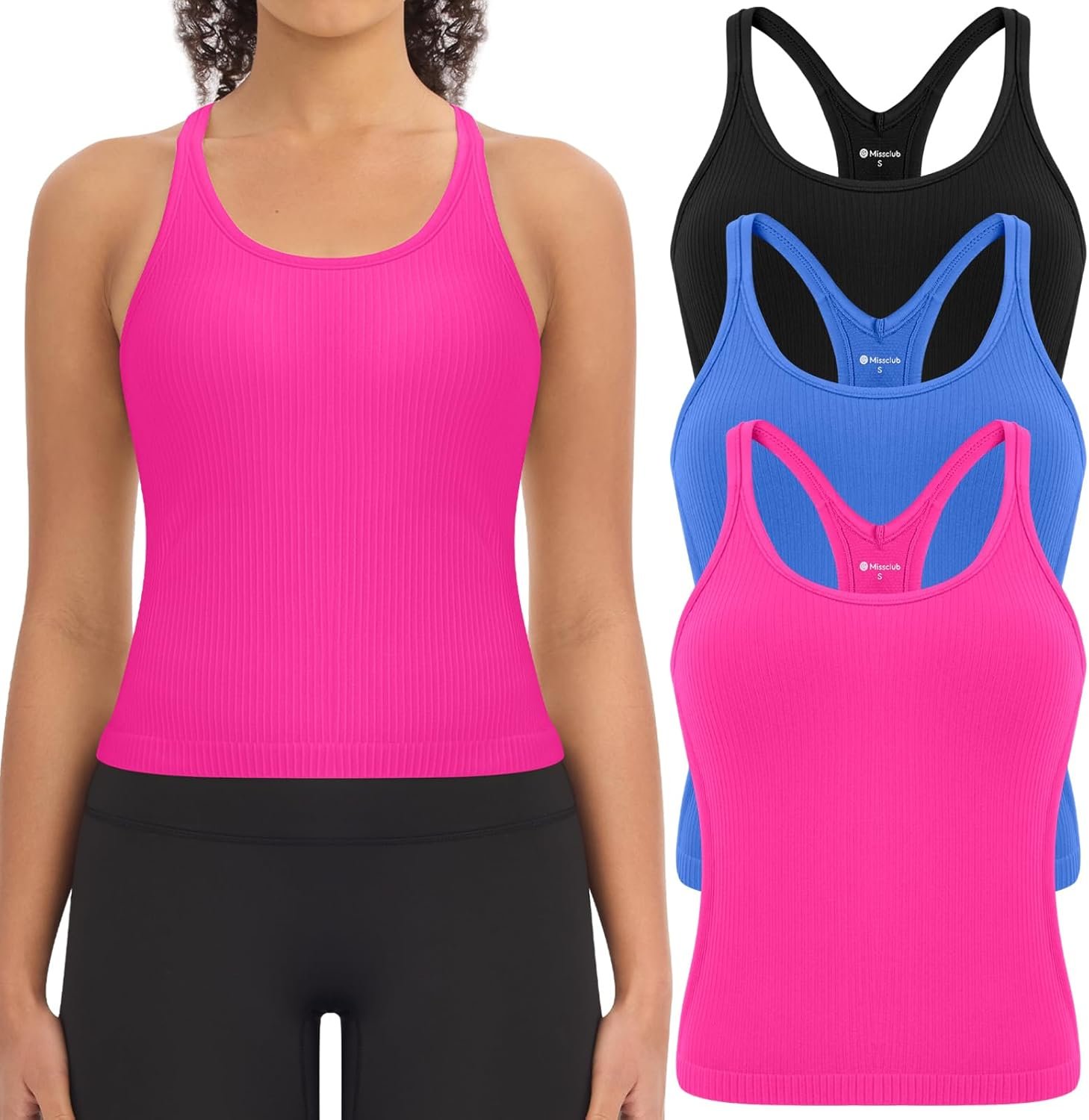 3 Pack Ribbed Workout Crop Tank Tops with Built in Bra for Women Seamless Racerback Cropped Athletic Gym Yoga Tops
