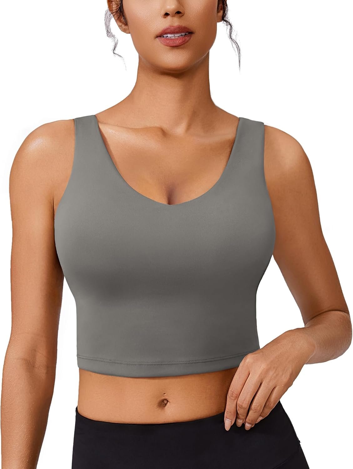 PINSPARK Sports Bras for Women Built in Bras Padded Yoga Bra V Neck Longline Workout Tank Tops with Removable Pads
