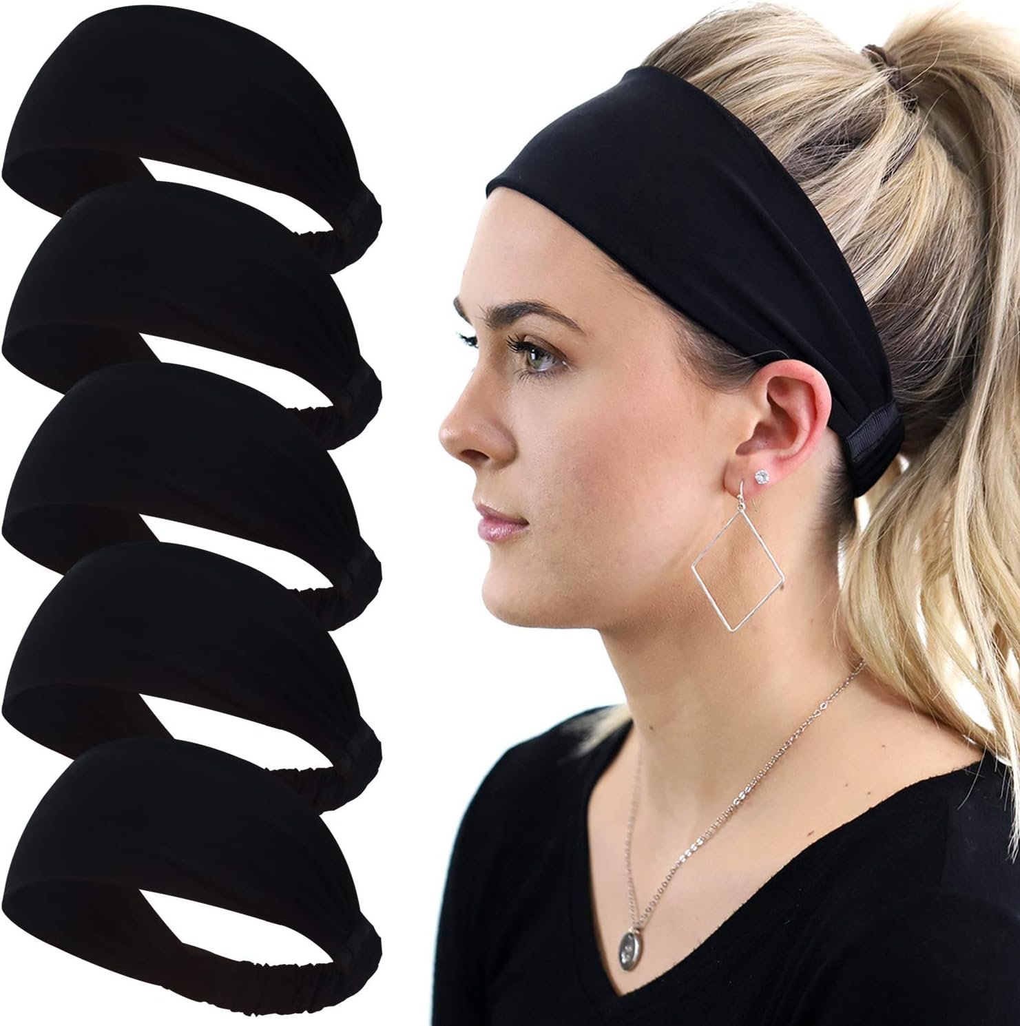 5 Pack Workout Headbands for Women, Sweat-Absorbing Sport Sweatbands, Soft Elastic Yoga Hairbands, Comfortable Hair Bands for Fitness Gym Travel Exercise