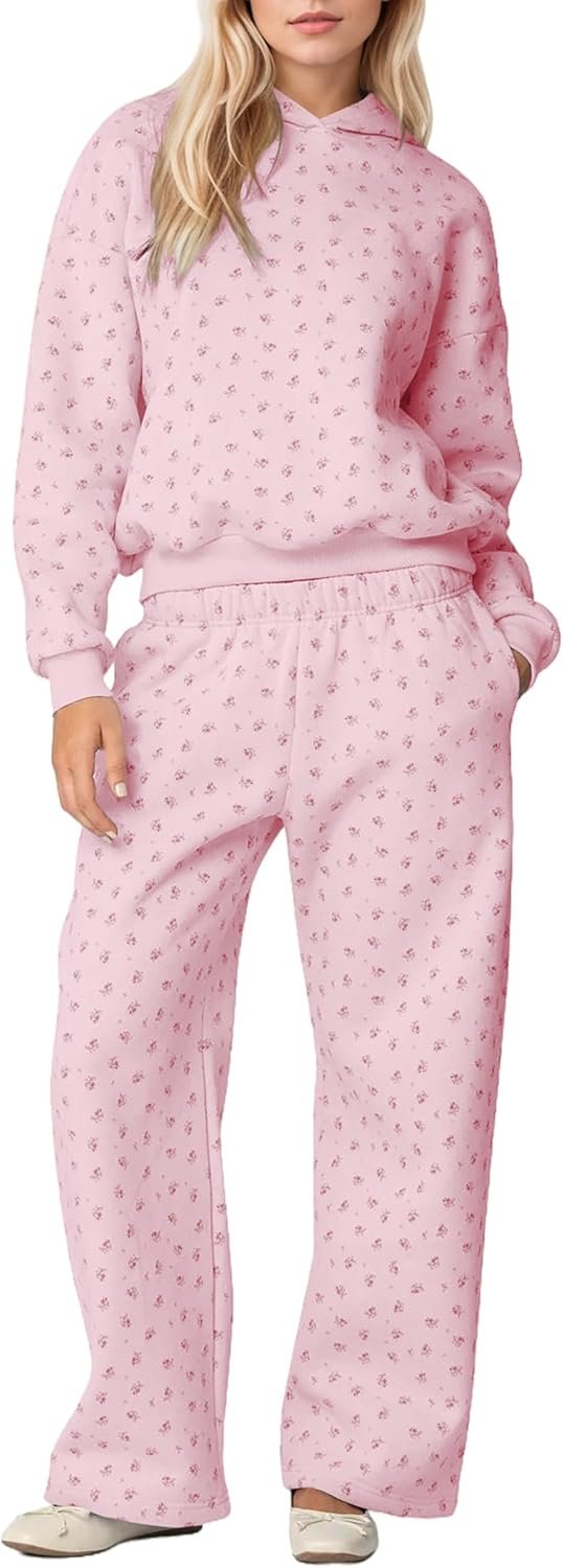 OLAPTA Women 2 Piece Outfits Ditsy Flower Print Sweatsuits Sets Long Sleeve Sweatshirts Wide Leg Sweatpants Fall Tracksuits