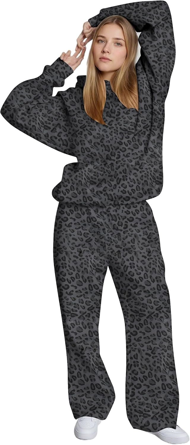 Ythomm Womens Leopard 2 Piece Sets Oversized Hoodies Straight Leg Sweatpants Sweatsuits Hooded Sweatshirt Lounge Fall Outfits