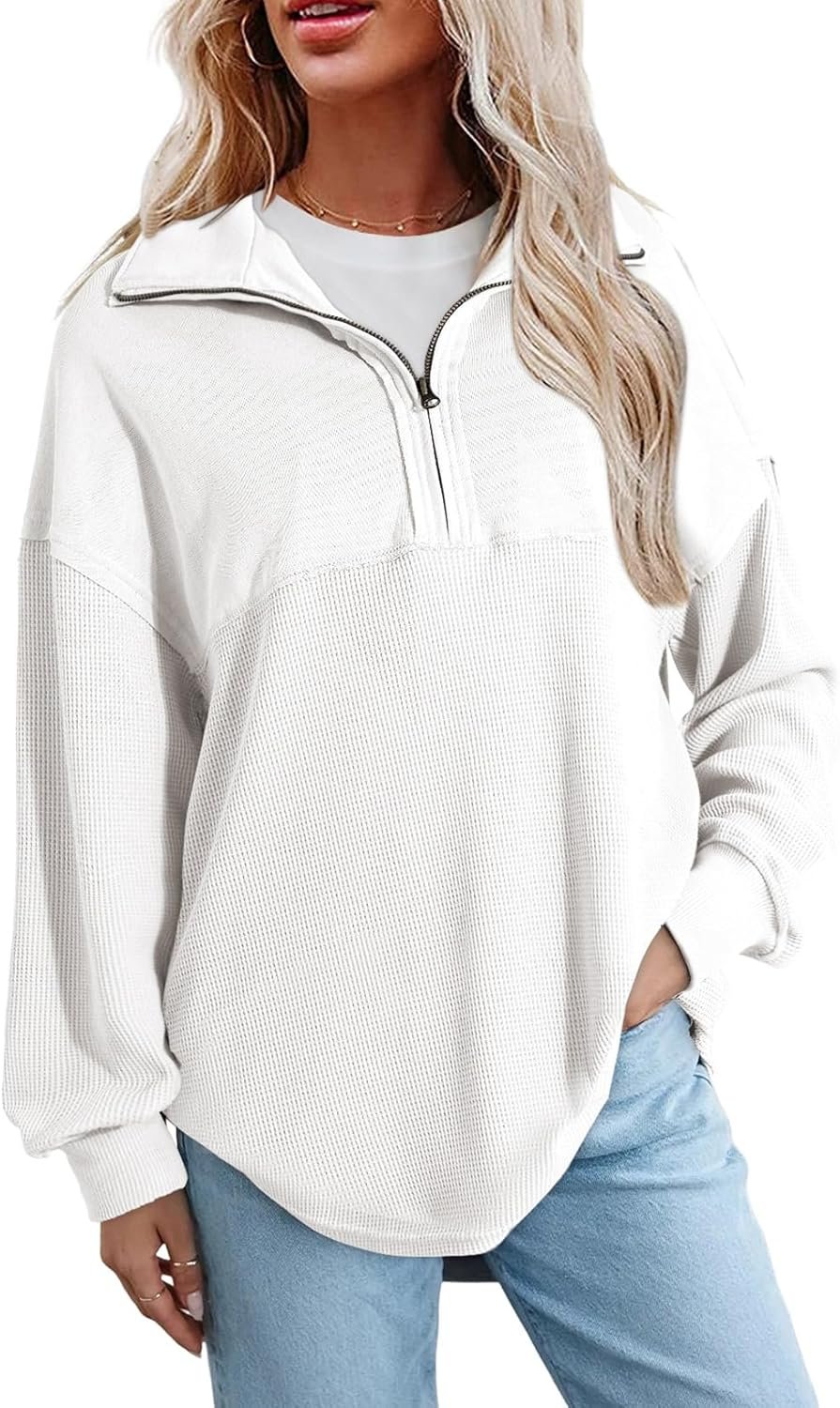 SHEWIN Womens Fall Sweatshirt Casual Waffle Knit Half Zip Pullover Loose Long Sleeve Tops 2026