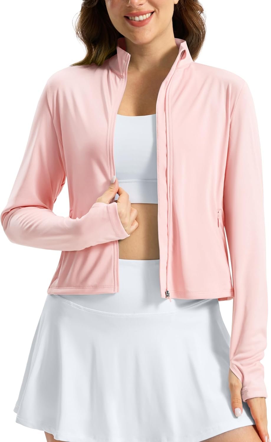 Soothfeel Women’s UPF 50+ Sun Protection Athletic Jacket Lightweight Crop Zip Up Long Sleeve SPF Shirts Hiking Workout Pocket