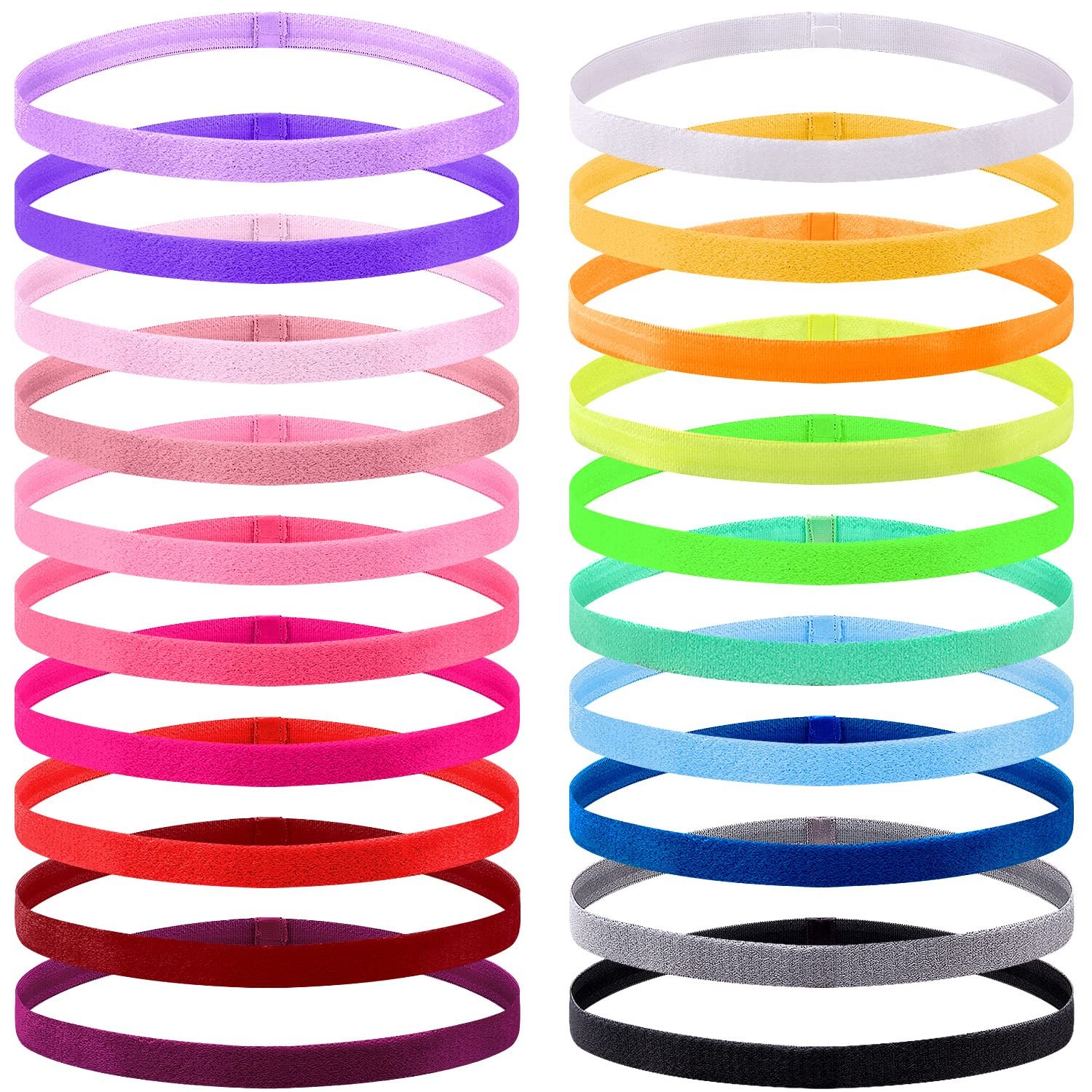 Duufin 20 Pieces Non-Slip Elastic Headbands Workout Headband Colorful Sweatband Fashion Yoga, Running Sport Headbands for Women, Men and Girls, 20 Colors Iridescence