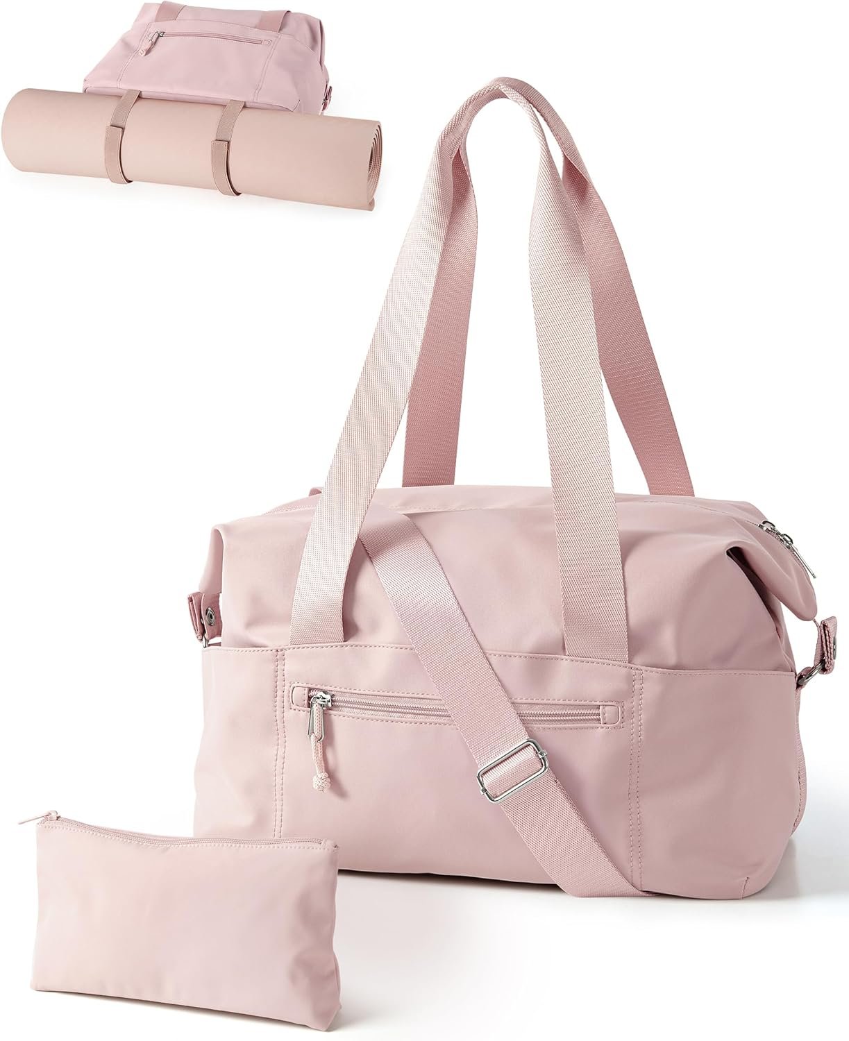 Smasrob Small Gym Bag with Yoga Mat Holder, Wet Pocket and a Separate Pouch, Small Gym Duffle Bag for Women with Detachable Crossbody Shoulder Strap, Pink